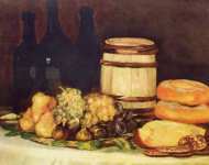 Натюрморт с фруктами, бутылками и хлебами